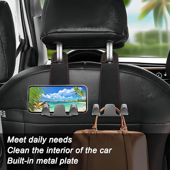 Car Seat Headrest Hook, 2PCS Leather & Metal Double Hook Vehicle Back Seat Hanger Holder for Phone Handbag Purse, Automobile Storage Organizer, Universal for Van Truck Sedan (Black)