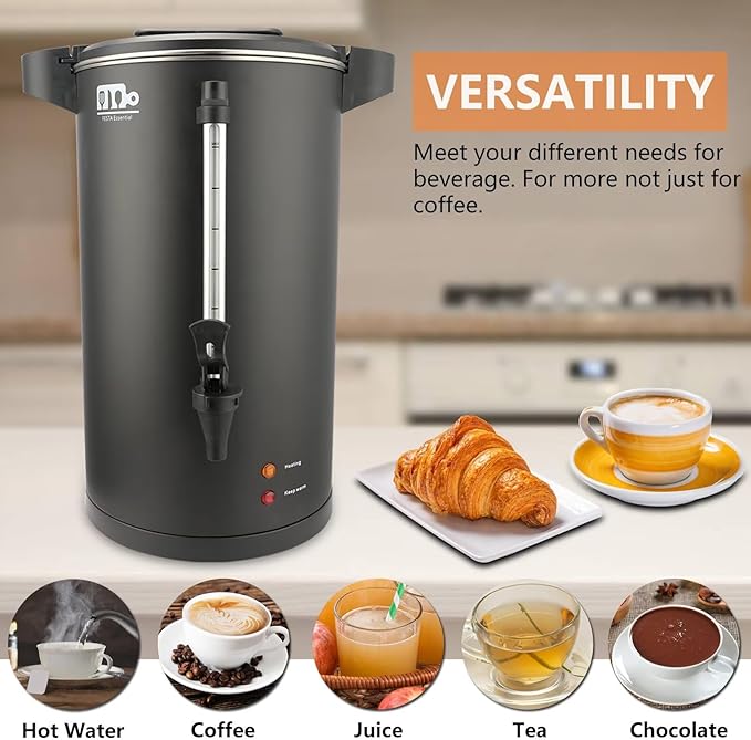 55-Cup 10L Commercial Coffee Urn, Festa Essential 750W Double Wall Large Percolate Coffee Maker Stainless Steel Hot Water Urn Dispenser with Double Dripless Faucet, Quick-Brewing for Catering, Black