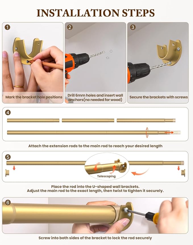 Heavy Duty Closet Rod, 17-39 IN Closet Rods for Hanging Clothes, Gold | Stepless Adjustable, Supports up to 66 lbs, Multiple Size Options, Easy Installation, Multi Purpose , Wall-Mounted