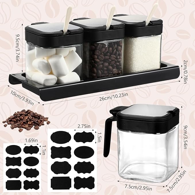 Suclain 3 Pcs Glass Coffee Containers Coffee Station Organizer Set, Airtight Bean Storage Jars with Shelf,labels,spoon, Base and Pen,for Sugar, Candy, Oats, Nuts(Black)