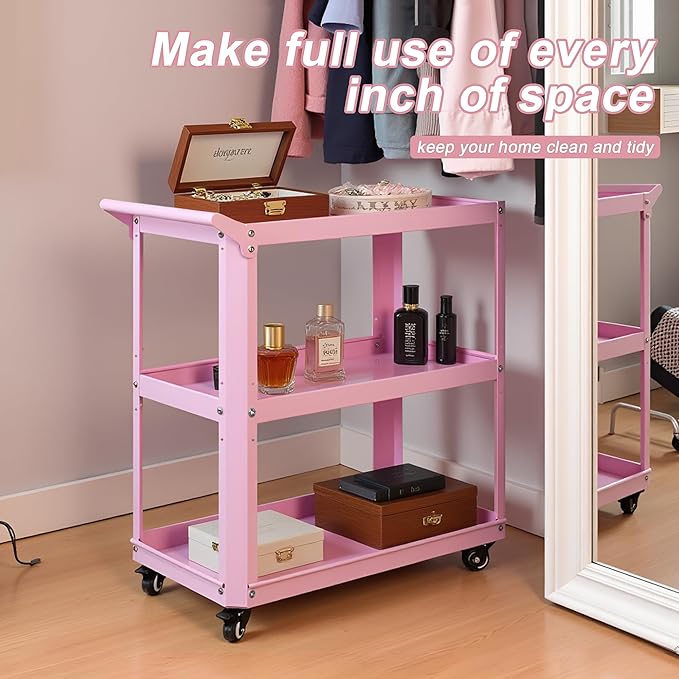 3 Tier Metal Utility Rolling Cart with Wheels, Heavy Duty Storage Organizer Trolley Cart for Kitchen, Bathroom, Office, Bedroom – Multi-Purpose 330Lbs Capacity Utility Cart on Wheels, Pink