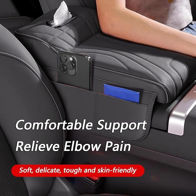 Car Center Console Cover for Honda Pilot 2023 2024 2025, Memory Foam Arm Rest Cushion Pad Waterproof Non-Slip Universal Interior Accessories with Pocket and Tissue Box,Brown