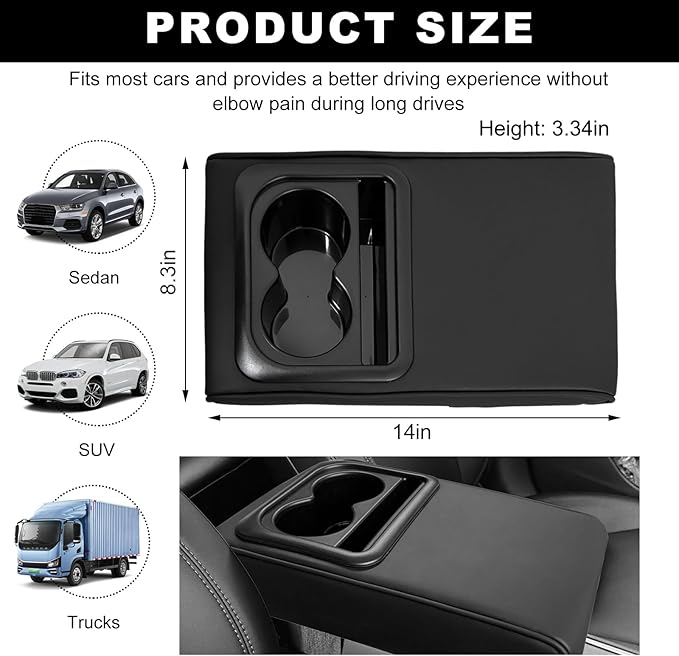 Car Center Console Armrest Pillow, 14.0"×8.3" Soft Memory Foam Armrest Cushion with Cup Holder Storage Bag, Waterproof Leather Vehicle Arm Rest Booster Pad for Most Cars (Glossy)