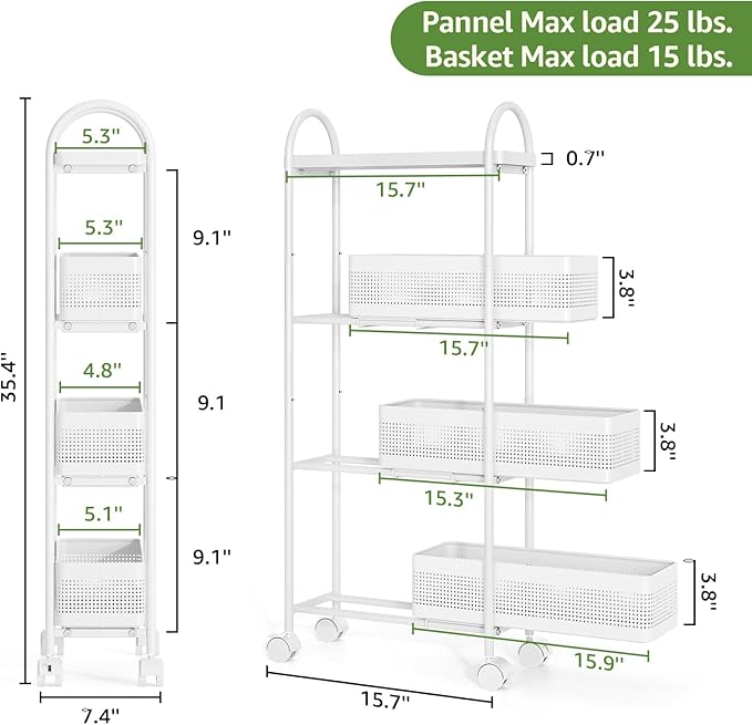 KINGRACK 4-Tier Slim Storage Cart with 3 Pull Out Basket, Rolling Bathroom Organizer Utility, Metal Shelving Unit Slide Out, Lockable Wheels, Easy Assembly for Narrow Place, Kitchen, Office, White