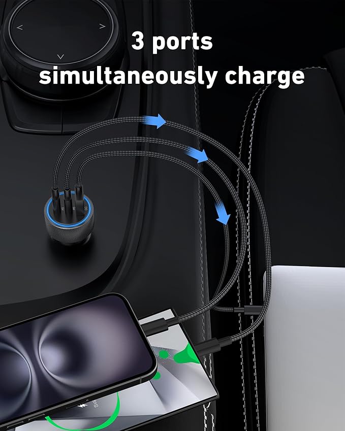 67W USB C Car Charger Super Fast Charging, 2Pack 3-Port 12-24V Car Accessories Phone Cigarette Lighter Adapter with USB C PD&QC 3.0 Fast Charger for iPhone 17 16 15 14 13 12 11 Pro Max, iPad, Galaxy