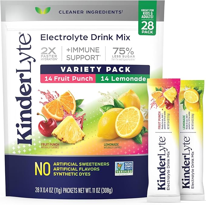 Kinderlyte Electrolyte Powder for Kids and Adults - Variety Pack Drink Mix Hydration Packets 28 Count, No Artificial Sweeteners or Flavors, No Synthetic Dyes, Vegan, Non-GMO, Gluten-Free