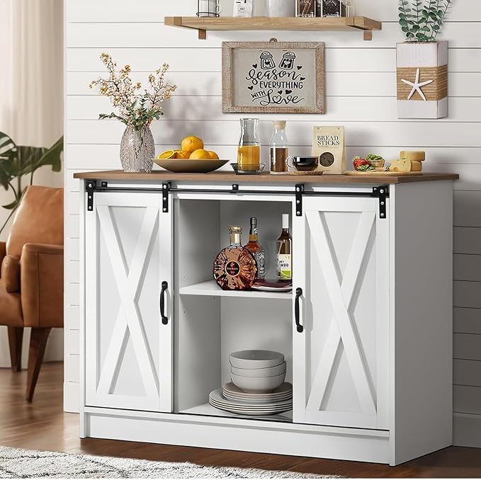 4 EVER WINNER 42" Coffee Bar Cabinet, Sideboard Cabinet with Adjustable Shelf for Kitchen, Farmhouse Buffet Cabinet with Storage