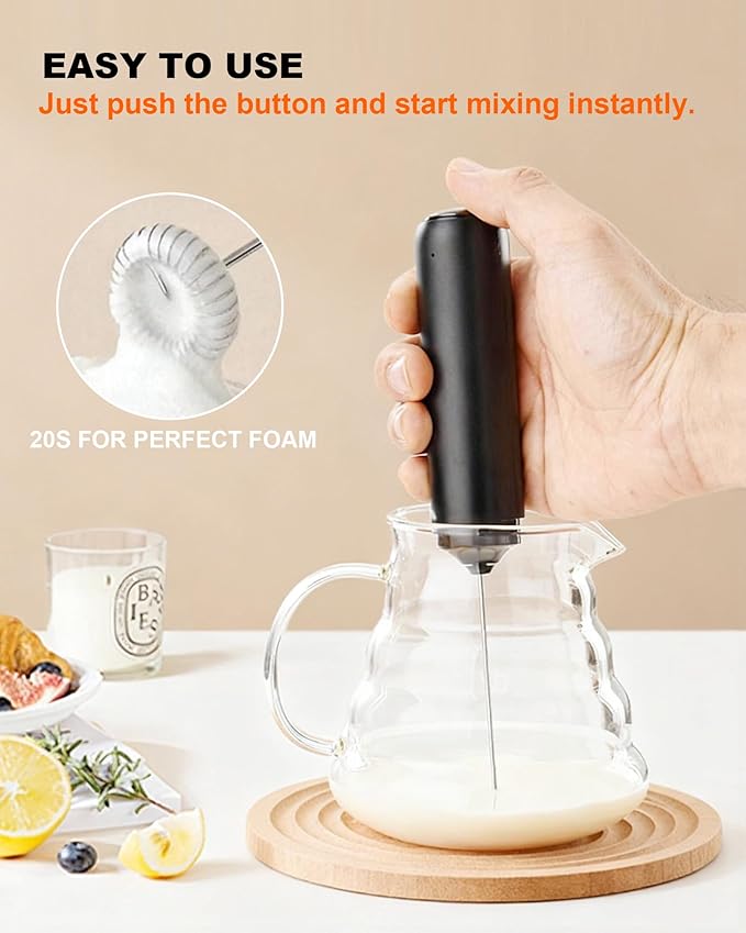 Rechargeable Milk Frother with Cover, Easy to Carry Drink Mixer Handheld, Electric Frother Wand for Coffee, Latte, Cappuccino, Frappe Drink, Hot Chocolate, Black