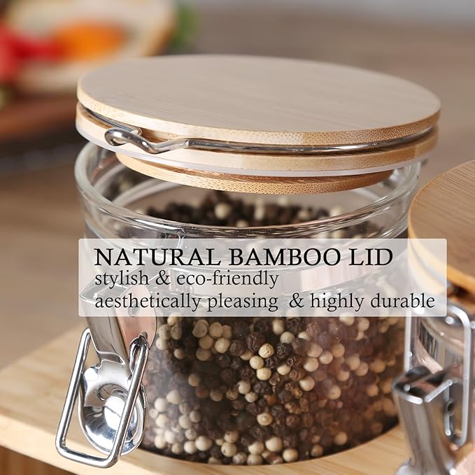 Glass Protein Powder Container Set, 40oz Airtight Collagen Storage Jars with Bamboo Lids & 1 TBSP Measuring Spoons (2 Pack) - Wide Mouth Aesthetic Countertop Dispenser Organizer for Kitchen