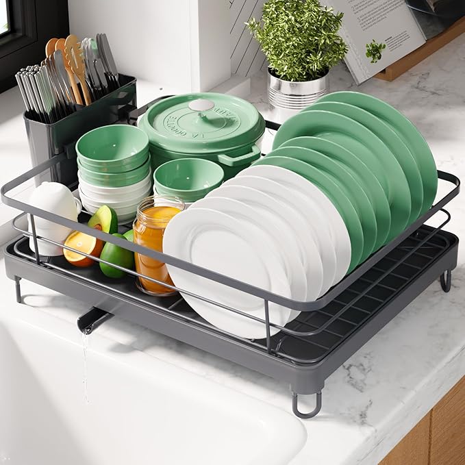 Kitsure Dish Drying Rack for Kitchen Counter, Stainless Steel Sink Organization and Storage Essentials with Cutlery Holder, Home and Appartment Decor, 12.7''W x 16.7''L, Grey