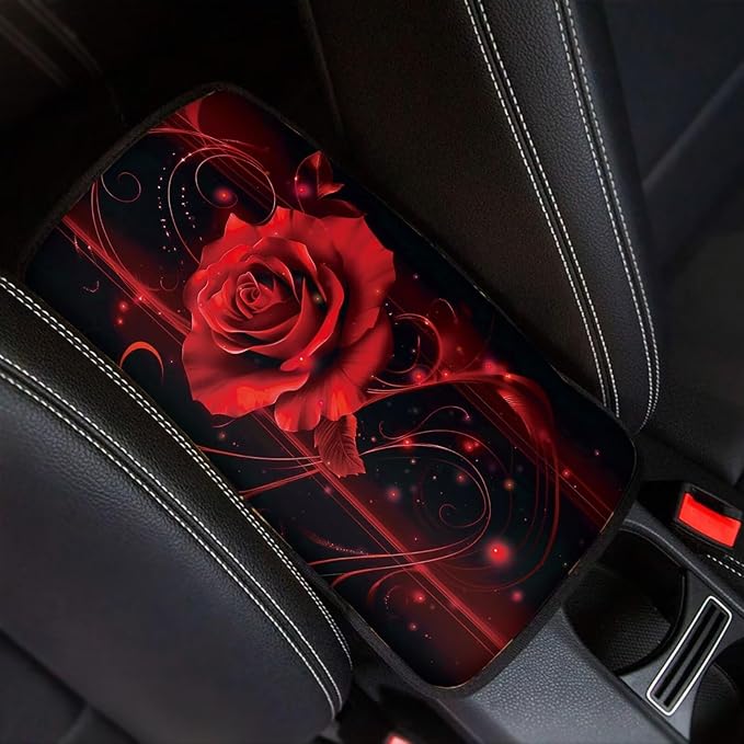 Rose Print Armrest Cushion Cover for Car Scratch Proof Car Center Console Armrest Protector Cover Universal Fit Truck Sedan SUV, Red and Black