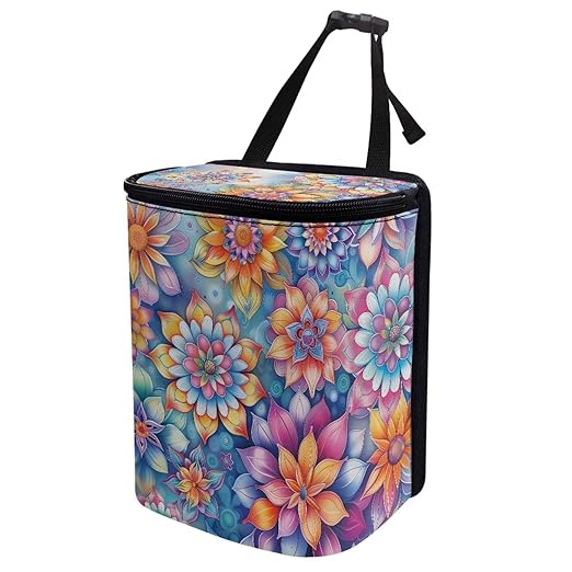 Car Trash Can with Lid Collapsible Waterproof Cars Garage Bag Reusable Hanging Automotive Garbage Bin Cars Accessories Interior Car Organizer, Mandala Flower Pattern