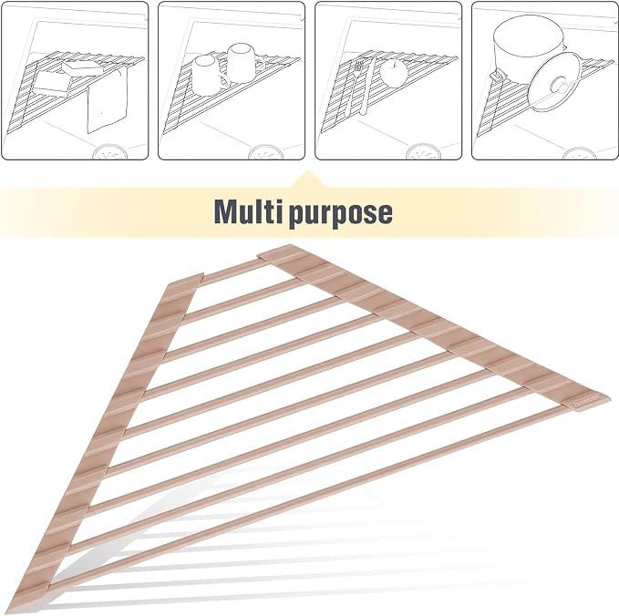 Tomorotec Small Triangle Roll-Up Dish Drying Rack with Silicone Coating Stainless Steel Frame for Sink Corners, Over-The-Sink Kitchen Drainer & Organizer for Space-Saving Storage-Light Brown