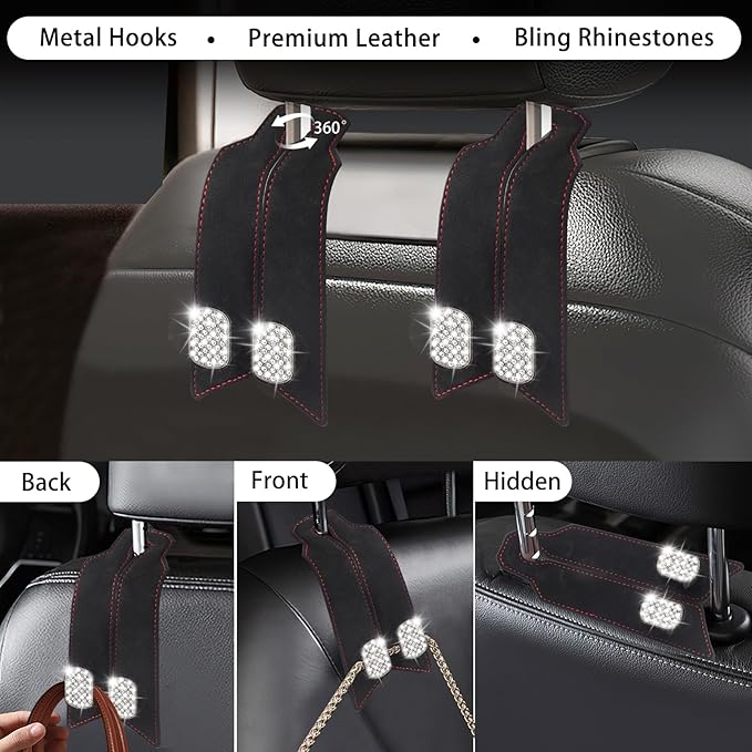 2Pcs Car Headrest Hooks with Sparkling Rhinestones & Premium Leather, Upgraded Double Metal Purse Holders, Anti-Drop Design, Back Seat Organizer for Bags, Coats, Groceries (Crystal Black)