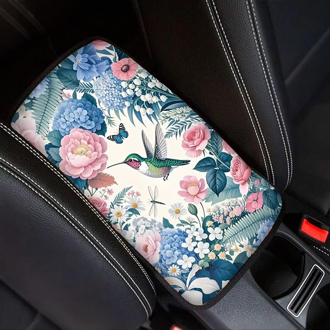 Blue Pink Floral Hummingbird Print Auto Center Console Cover Arm Rest Cover for SUV Truck,Soft Car Arm Rest Cover Universal Fit