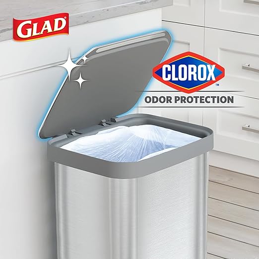 Glad 13 Gallon All Brushed Stainless Steel Trash Can with Clorox Odor Protection | Large Metal Kitchen Garbage Bin with Soft Close Lid, Garbage Bag Rings, Step On Foot Pedal and Waste Bag Roll Holder
