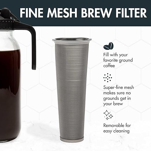Primula Mason Jar Cold Brew Iced Coffee Maker with Stainless Steel Filter and Easy Pour Lid, Durable Glass Pitcher Fits in Most Fridge Doors, Dishwasher Safe, Made without BPA, 2-Quart, Black