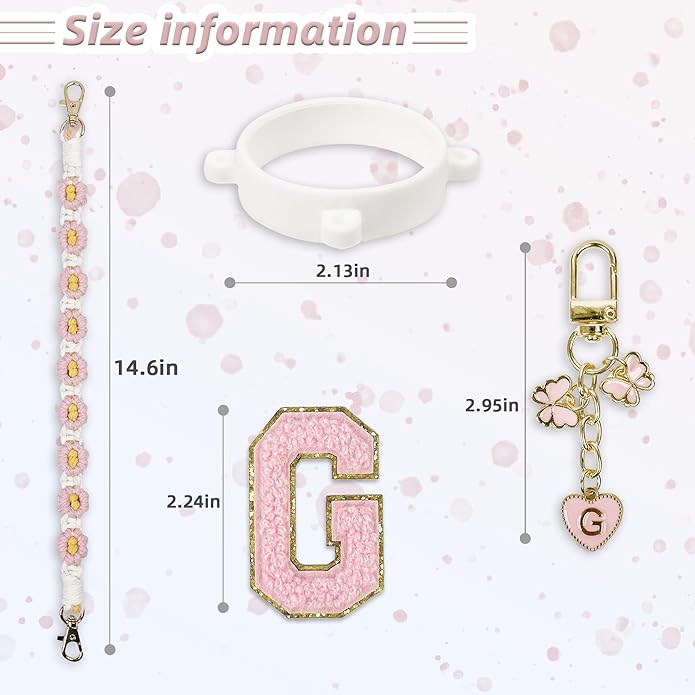Compatible with Owala Water Bottle Accessories, Cute Letter Charm Set with Boho Handle Strap, Monogram Sticker, Silicone Ring, Keychain Decoration, for FreeSip 24 32 40oz, Owala Kids, Tumbler Gift