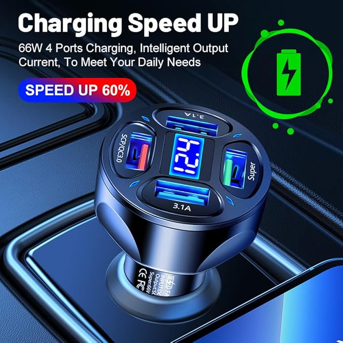 66W Multi Port Car Charger Adapter with Voltage Monitor, 4 USB QC3.0 Super Fast Charge Cigarette Lighter USB Charger, Compatible with iPhone/Android/Samsung/iPad Pro/and More (Black)