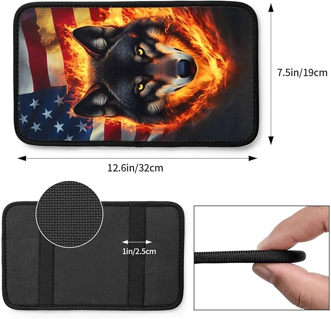 Universal Car Center Console Cushion Pad, American Flag Wolf Soft Waterproof Car Center Console Cover Auto Armrest Seat Box Cover Protector for Most Vehicle SUV Truck Car