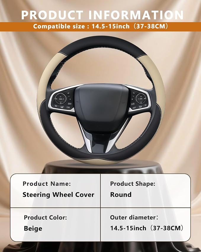 Leather Steering Wheel Cover for Honda Civic, 14.5-15 Inch Breathable Car Steering Wheel Protector, Premium Automotive Interior Accessories Compatible with Honda All Model (Beige)