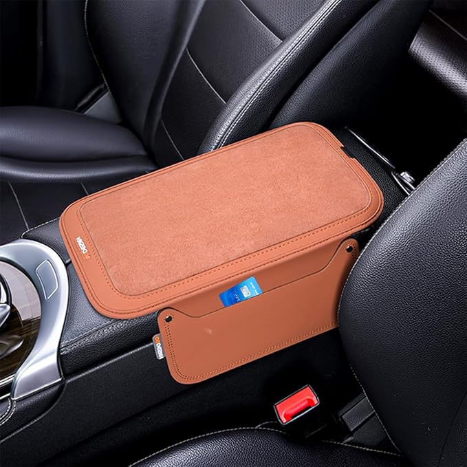 Car Center Console Cover, Leather Furry Fluffy Armrest Seat Box Cushion Pad with 2 Storage Bags, Comfortable Auto Interior Middle Console Protector, Compatible with Most Vehicle (Orange)