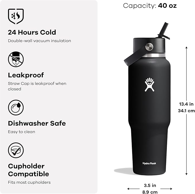 Hydro Flask Travel Water Bottle - Insulated Stainless Steel - Wide Straw Lid, Non Spill, Leakproof in 40 Oz Nectar Orange