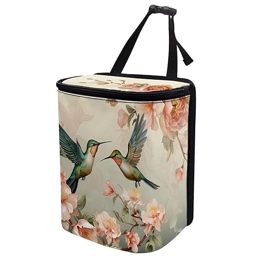Retro Hummingbird Car Trash Bag Bin Hanging Leak Proof Reusable Automotive Garbage Can with Lid,Durable Car Accessories Auto Organizer and Storage