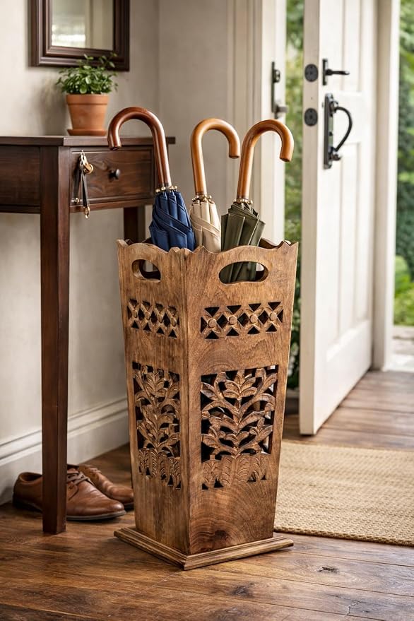 Hand-Carved Wooden Umbrella Stand & Walking Cane Holder, 21 Inch Tall Decorative Umbrella Rack, Rustic Floor Storage Organizer for Entryway, Hallway, Home & Office