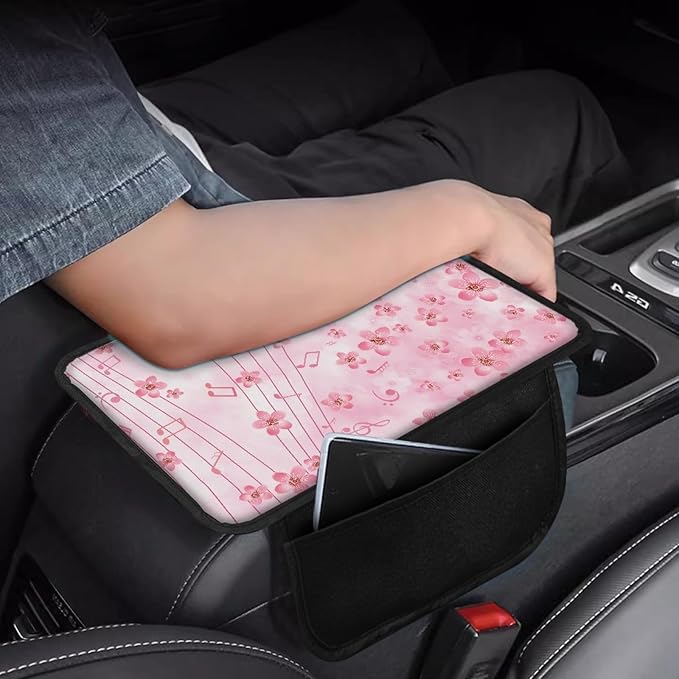CLOHOMIN Pink Cherry Blossom Center Console Cover for Car Sedan Van Music Note Car Seat Box Cover with Side Pockets Universal Auto Armrest Coverc Accessories