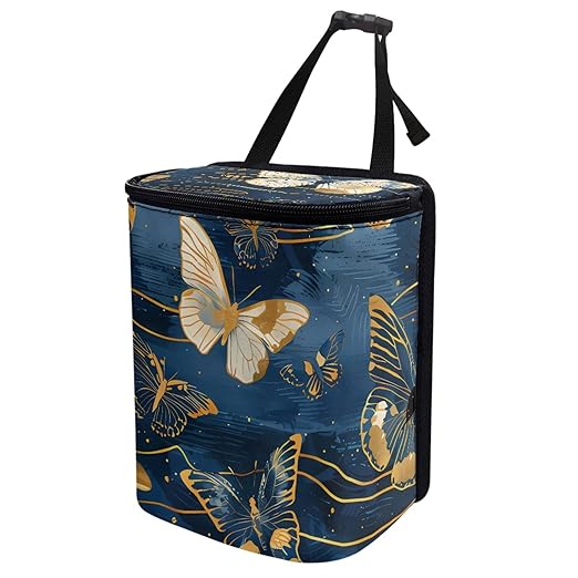 Deep Blue Car Trash Bin Adorned with Gold Butterfly Accents, Featuring a Zippered Portable Design to Keep Vehicle Neat and Organized