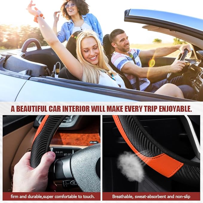 Car Steering Wheel Cover, Steering Wheel Protector, Universal 14.5-15 Inch Microfiber Leather Breathable Auto Steering Wheel Covers, Carbon Fiber Steering Wheel Cover for Women Men (Orange)