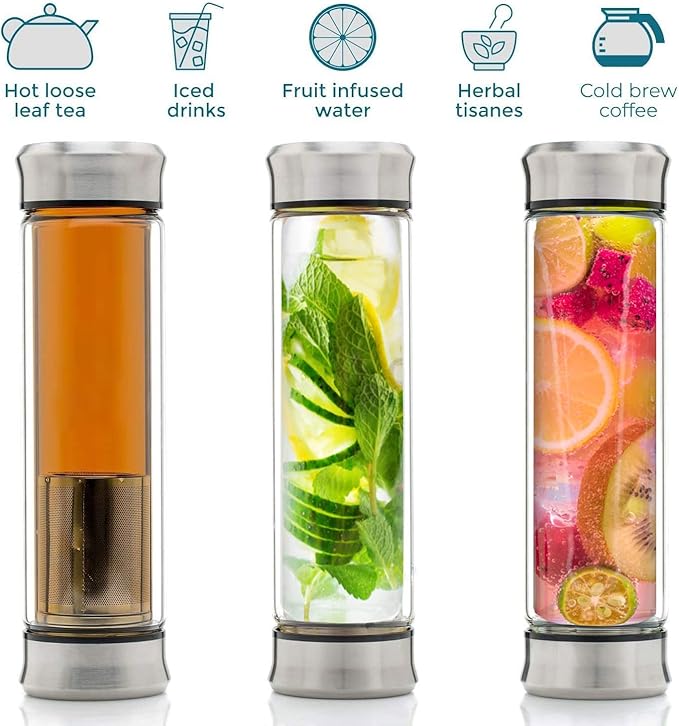 Modern Black Cylindrical Glass Travel Tea Mug with Infuser | BPA Free Double Wall Insulated 14 Ounce (A01)