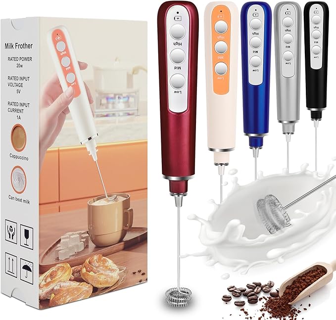 Milk Frother Wand Rechargeable Handheld Frother For Coffee,Batidora De Mano Electrica Coffee Bar Accessories Kitchen Appliances Essentials Electric Frother Gift For Women Men (Silvery)