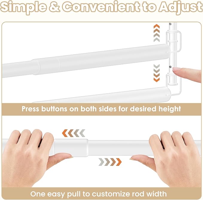 Stepless Extender Closet Hanging Rod - Heavy Duty Closet Rods for Hanging Clothes, Adjustable Width & Height, Space-Saving White Closet Organizer for Hanging & Drying Clothes, Easy to Install