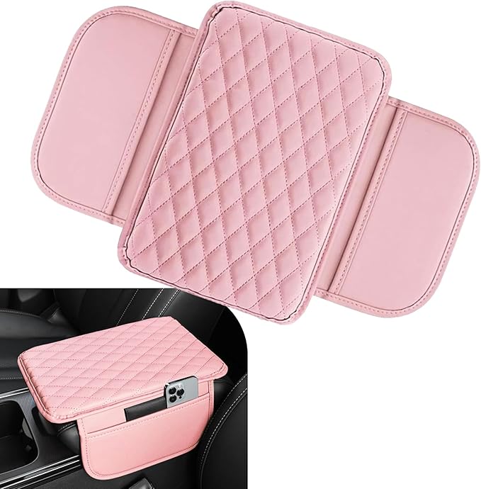 Car Center Console Cover, Leather Armrest Cover Cushion with 2 Storage Bags, Auto Interior Arm Rest Seat Box Pad Accessories, Universal Armrest Organizer for Cars SUVs Truck and More (Pink)