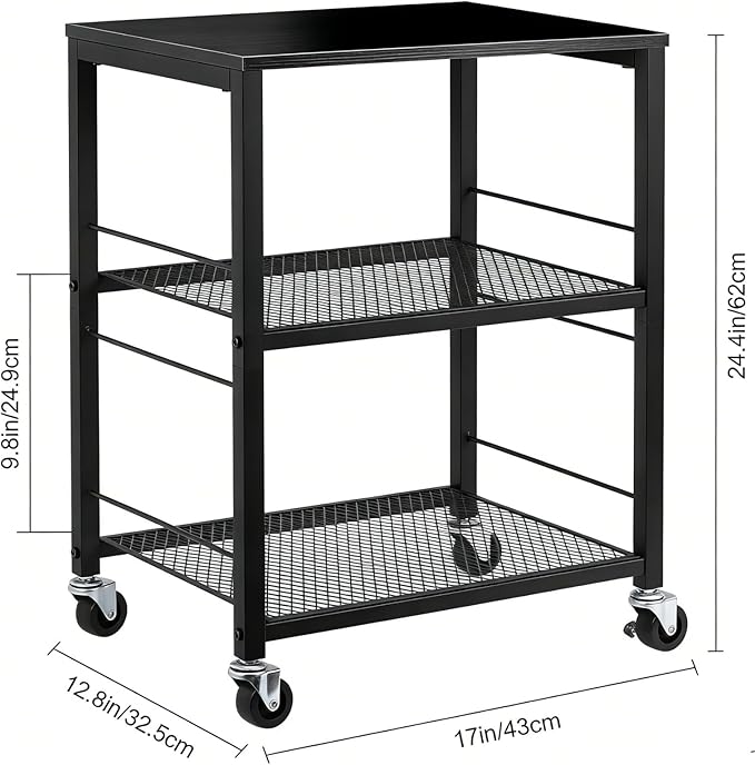 MOOACE 3 Tier End Table with Wheel, Rolling Storage Shelf Side Table Nightstand for Bedroom Kitchen Living Room Office, Stable Metal Frame and Wood Top, Black