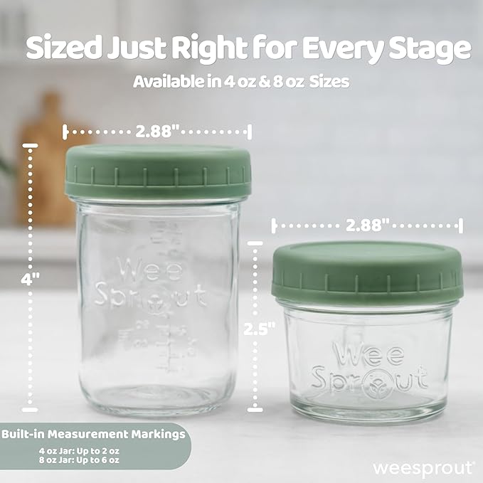 WeeSprout Baby Food Storage Glass Jars w/Lids (8 oz, 8 Pack) Pastel Variety, Snack, Reusable Small Containers, Fridge or Freezer, Microwave & Dishwasher Safe, Essentials for Infants