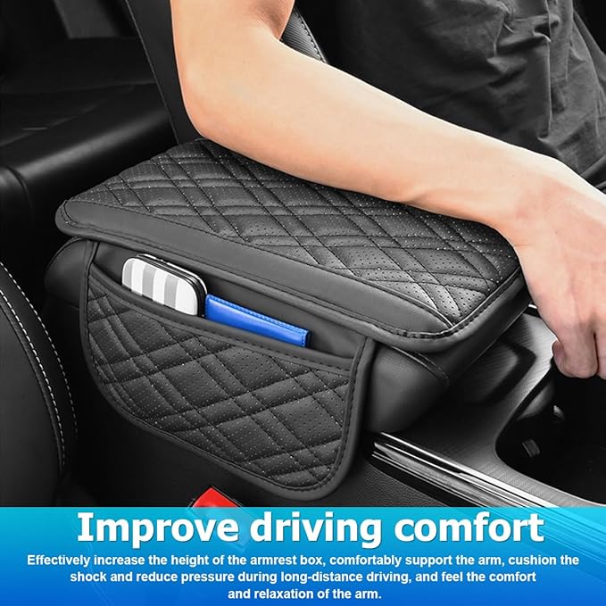 Mandark Car Center Console Cover, 2PCS Leather Vehicle Arm Rest Cushion with 2 Storage Bags, Automotive Armrest Interior Seat Box Pad Accessories, Universal for SUV, Sedan, Truck (Black)