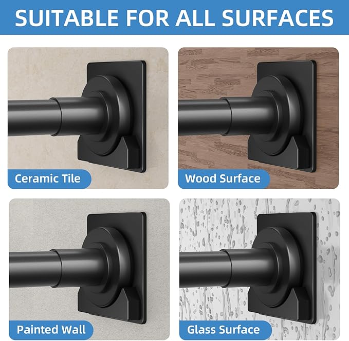 CorkLatta Matte Black Shower Curtain Rod,1 Inch Diameter Stainless Steel Adjustable Spring Tension Rods 32 to 92",with Holders,Anti-Slip,Curtain Rods No Drilling(1 Pack)