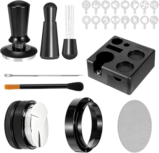 51mm Espresso Accessories Kit (9 PCS) - Tamper, Coffee Distributor, WDT Tool, Puck Screen, Dosing Funnel & Latte Art Set with 16 Stencils for Home Baristas