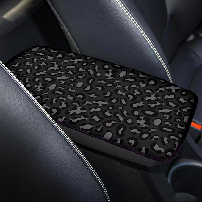 Black Leopard Print Car Center Console Cover,Auto Arm Rest Cover for Women,Universal Black Cheetah Car Accessories