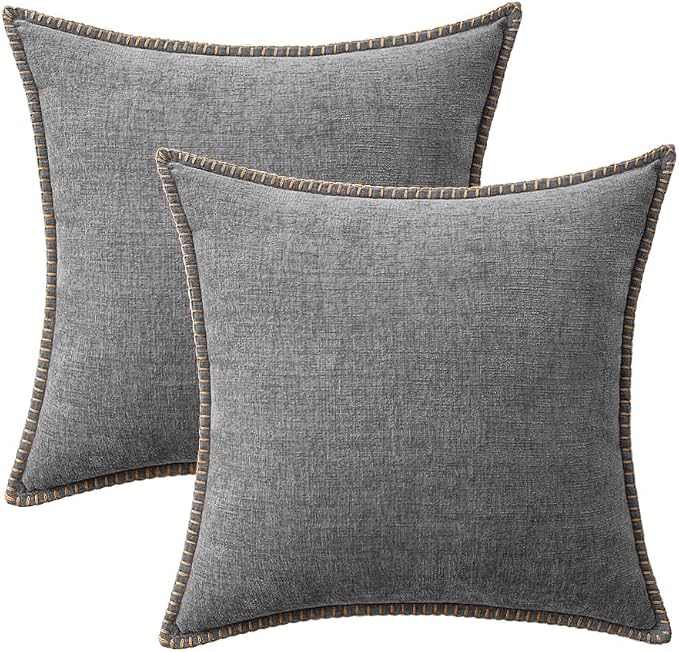 MIULEE Pack of 2 Couch Throw Pillow Covers 16x16 Inch Dark Gray Farmhouse Decorative Pillow Covers with Stitched Edge Soft Chenille Solid Dyed Pillow Covers for Sofa Bed Living Room