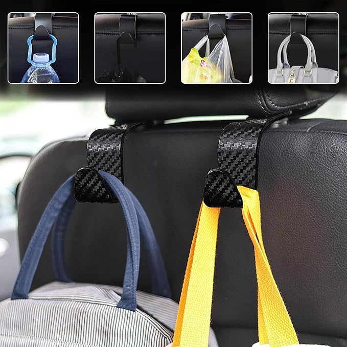 4 PCS Car Seat Headrest Hooks, Auto Seat Hook Hangers Storage Organizer, Back Seat Hanger for Car Handbag Clothes Coats Grocery Bags, Universal Interior Car Accessories (Carbon Fiber)