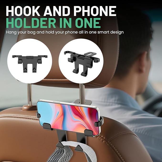 Basix by iOttie Headrest Hook and Phone Holder Car Backseat Organizer for Bags and Phones, Durable Heavy Duty Hook with Secure Phone Grip, Easy No Tool Installation