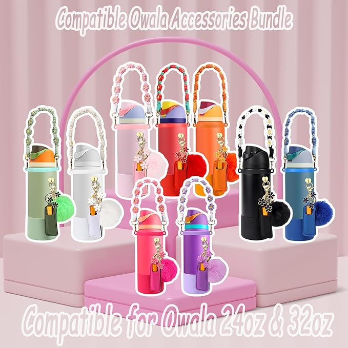 Compatible for Owala Accessories Bundle: Silicone Boot for 24oz & 32oz Bottles, Charms, Handle, Strap, Rubber Bottoms, and Decorative Add-ons for Your Compatible for Owala Water Bottle, Hot Pink