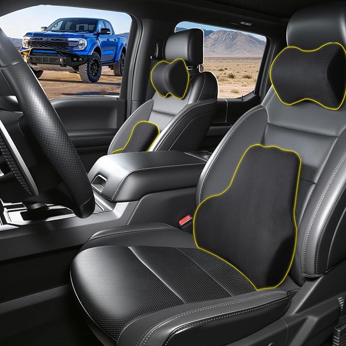 Car Neck Pillow & Lumbar Support Cushions for Ford F150 Truck, Soft Memory Foam Headrest and Back Support Pillow Set, Ergonomic Comfort, Soft and Supportive, Relieves Neck & Back Fatigue
