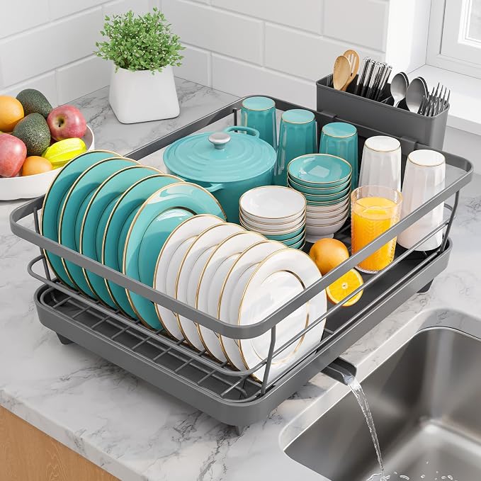 Sakugi Dish Drying Rack - Stainless Steel Dish Rack with Drainboard for Kitchen Counter and Sink, 15.6" D x 12" W x 5" H, Grey