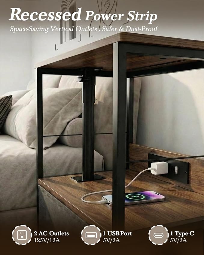 Faesun Swivel Lift Top Nightstand with Charging Station, Rolling Side Table for Recliner, Bedside Table with Wheels & a Fabric Drawer, for Small Spaces, for Bedroom, Living Room, Walnut Gray