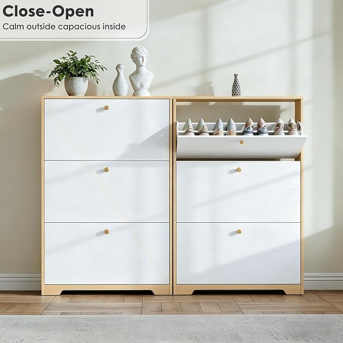 Nicetree Shoe Cabinet with 3 Flip Drawers，Freestanding Shoe Storage Cabinet, Narrow Shoe Organizer Cabinet, Farmhouse Slim Shoe Rack Cabinet for Entryway, Natural Oak and White with Hook
